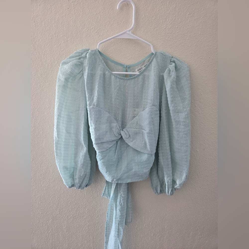 NEW Saints + Secrets Womens Puff Sleeve Tie Back Mint Cropped Blouse Sz Small